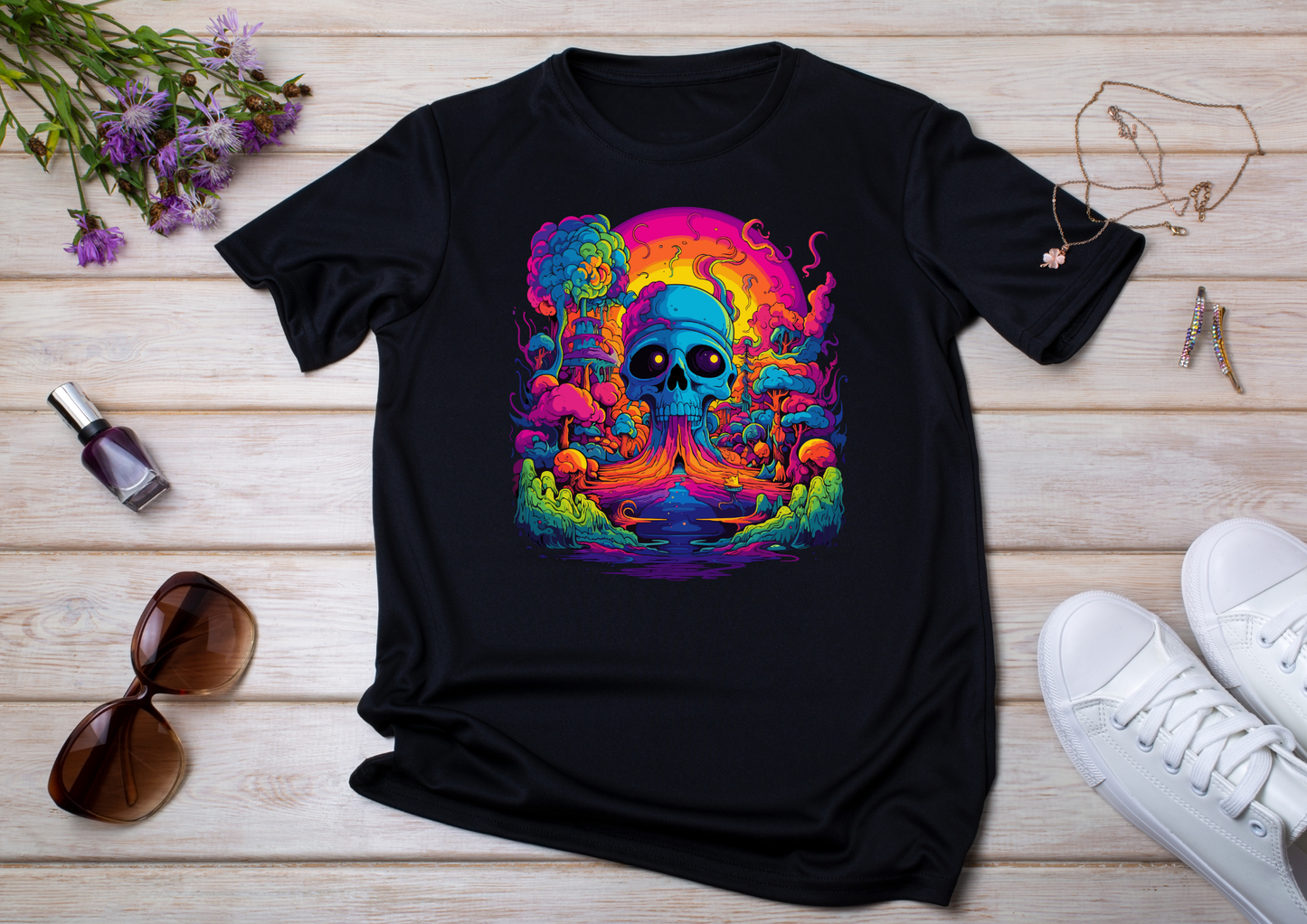 T-shirt Psychedelic Design personnalisé – 100 motifs au choix – Noir ou Blanc