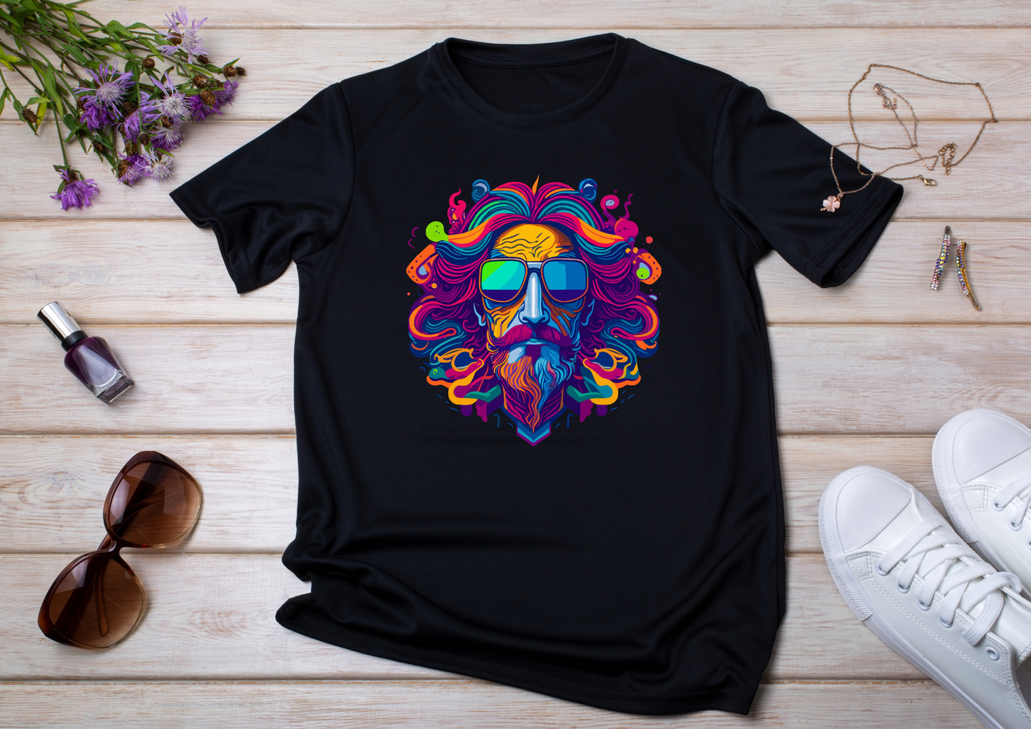T-shirt Psychedelic Design personnalisé – 100 motifs au choix – Noir ou Blanc