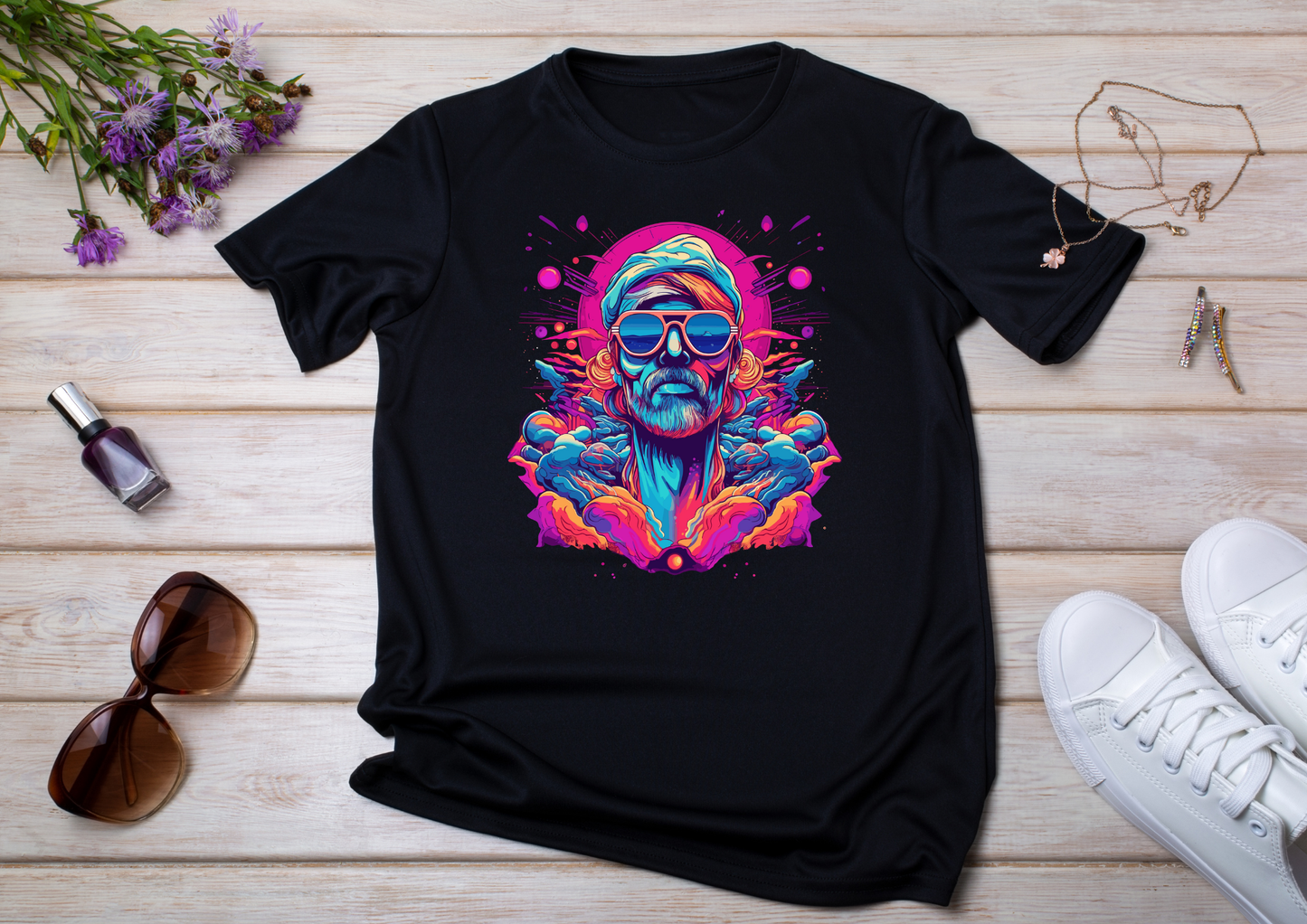 T-shirt Psychedelic Design personnalisé – 100 motifs au choix – Noir ou Blanc