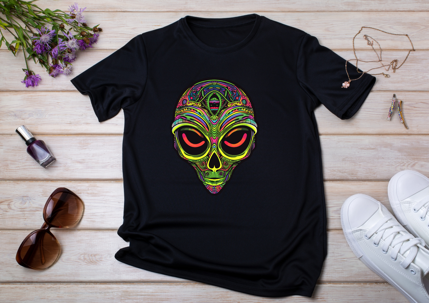 T-shirt Psychedelic Design personnalisé – 100 motifs au choix – Noir ou Blanc