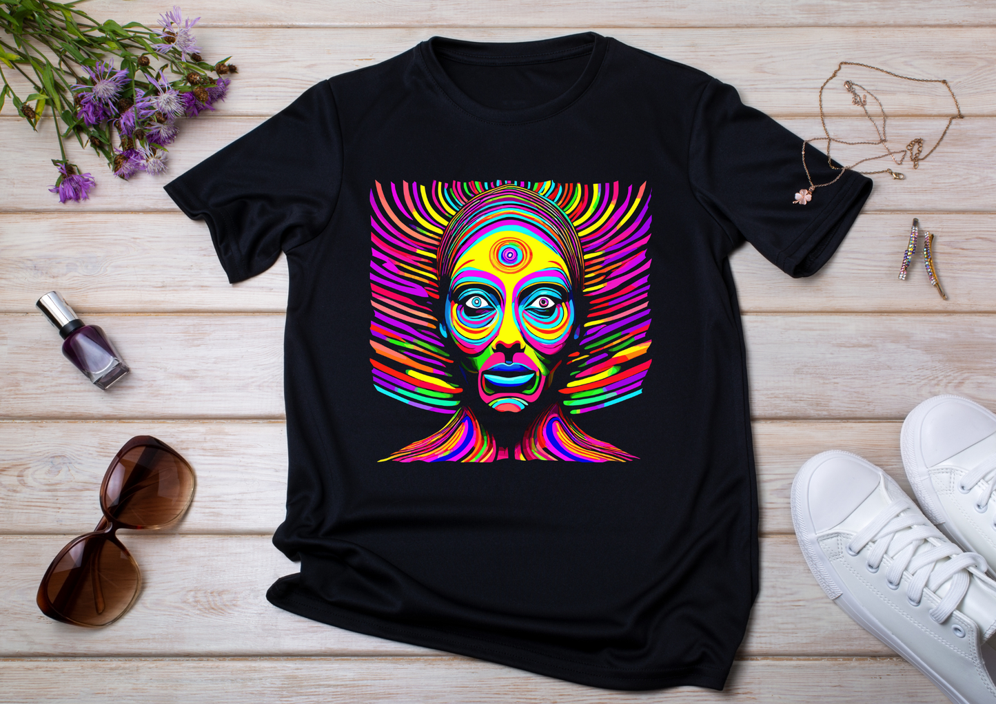 T-shirt Psychedelic Design personnalisé – 100 motifs au choix – Noir ou Blanc
