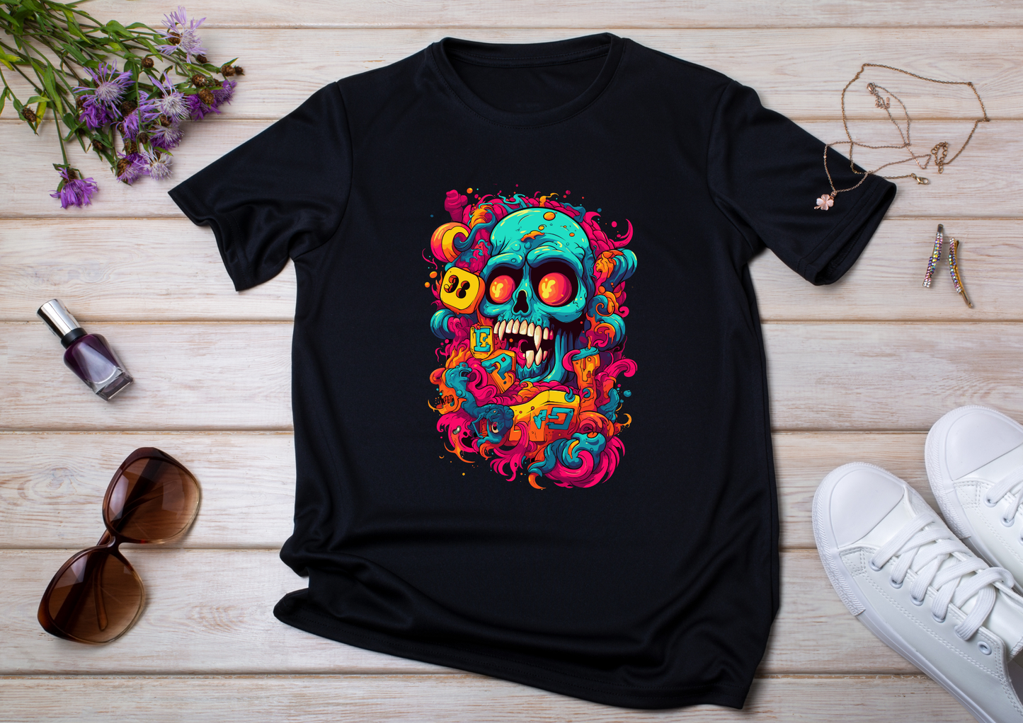 T-shirt Psychedelic Design personnalisé – 100 motifs au choix – Noir ou Blanc