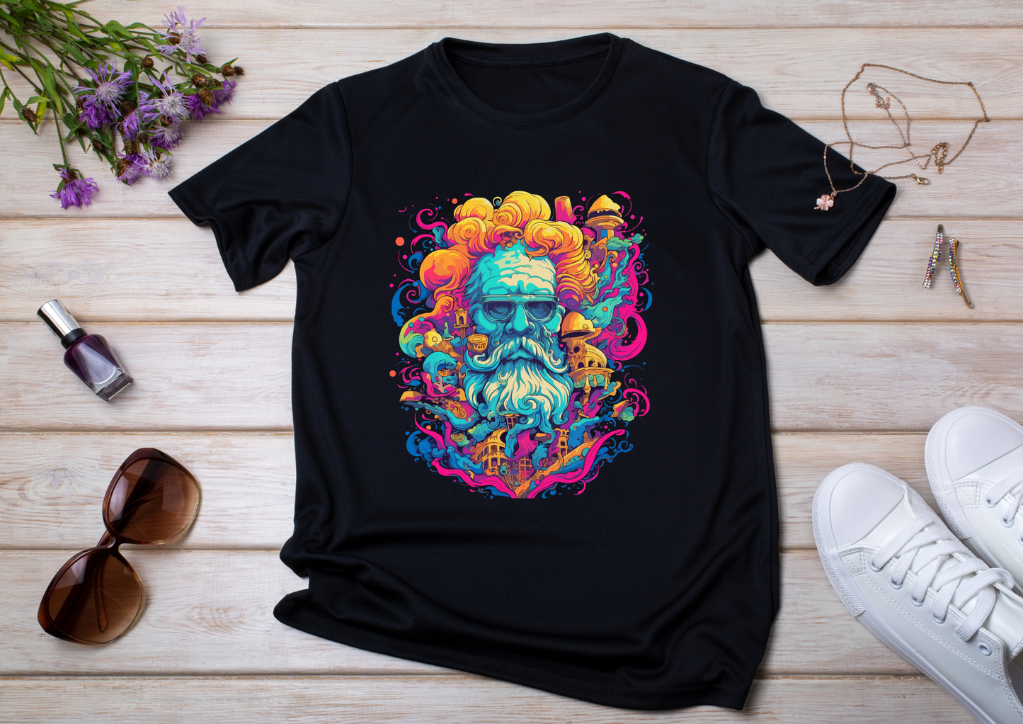 T-shirt Psychedelic Design personnalisé – 100 motifs au choix – Noir ou Blanc