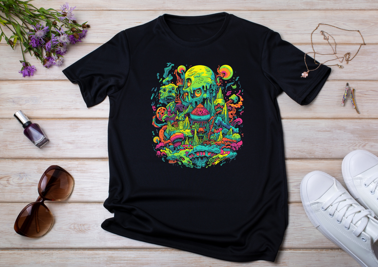 T-shirt Psychedelic Design personnalisé – 100 motifs au choix – Noir ou Blanc