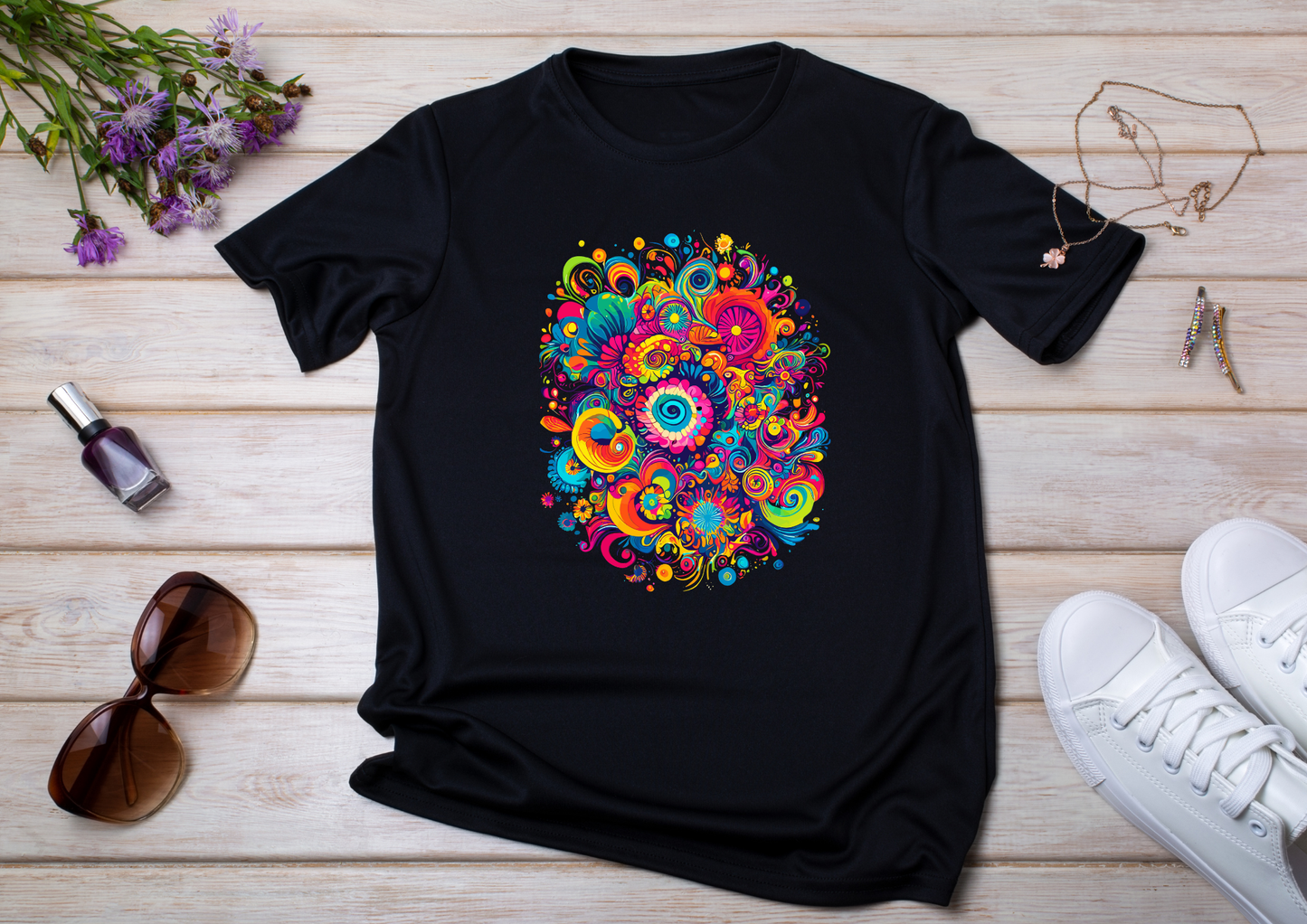 T-shirt Psychedelic Design personnalisé – 100 motifs au choix – Noir ou Blanc