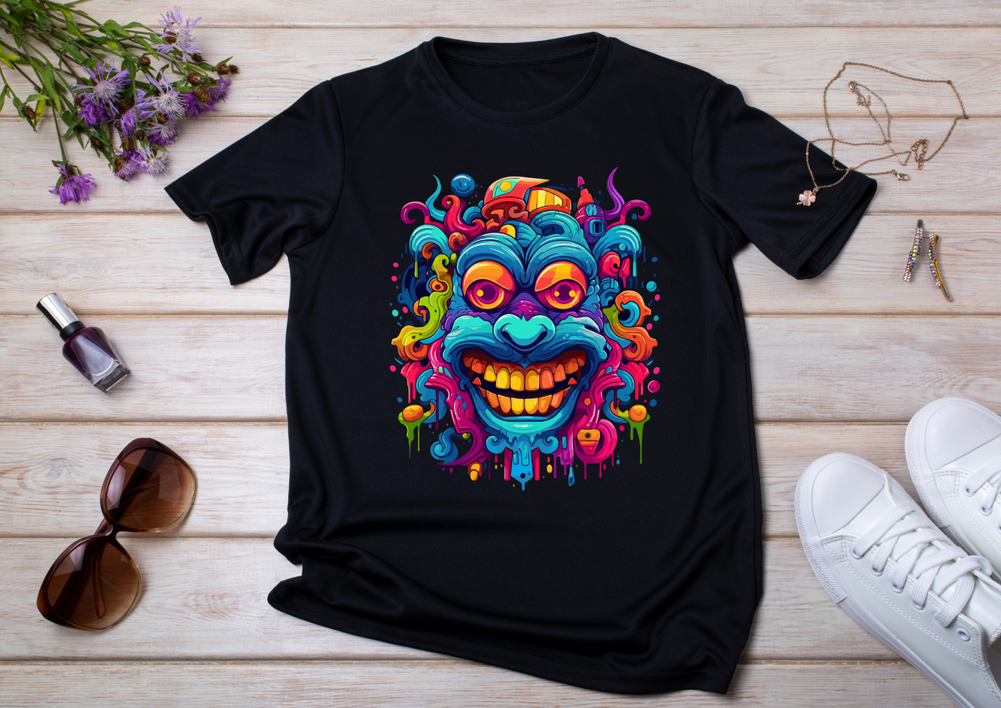 T-shirt Psychedelic Design personnalisé – 100 motifs au choix – Noir ou Blanc