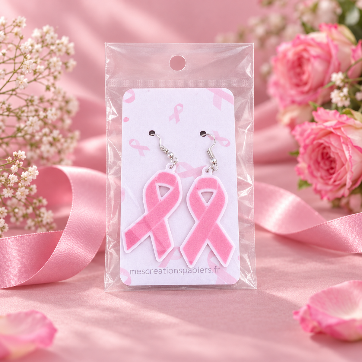 Boucles d’oreilles Ruban Rose contour blanc – présentation produit
