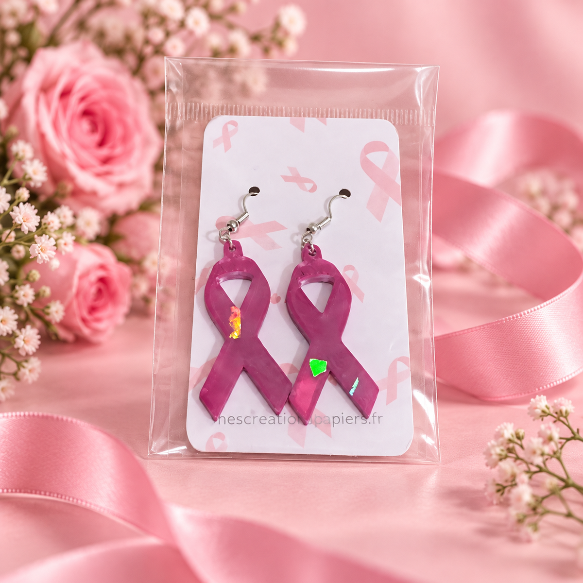 Boucles d’Oreilles Ruban Rose – présentation produit