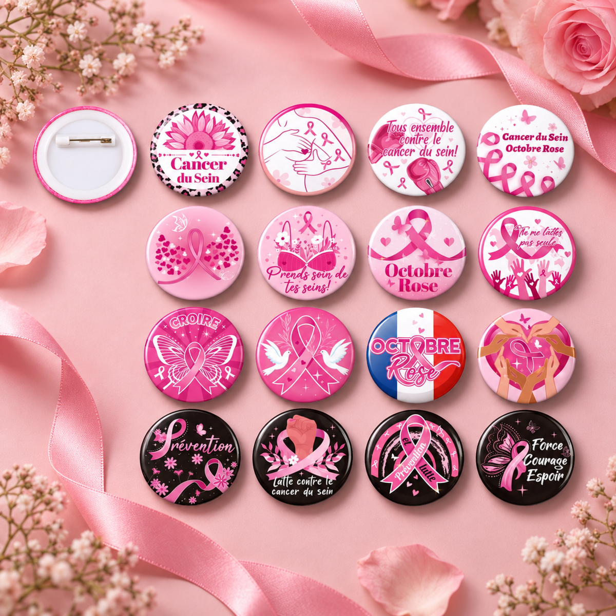 Broches Octobre Rose 16 modèles – présentation produit