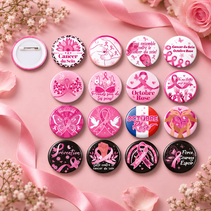 Broches Octobre Rose 16 modèles – présentation produit