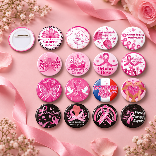 Broches Octobre Rose 16 modèles – présentation produit
