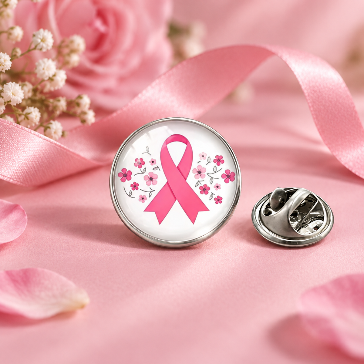 Pins Rond Fleuri Octobre Rose – présentation produit