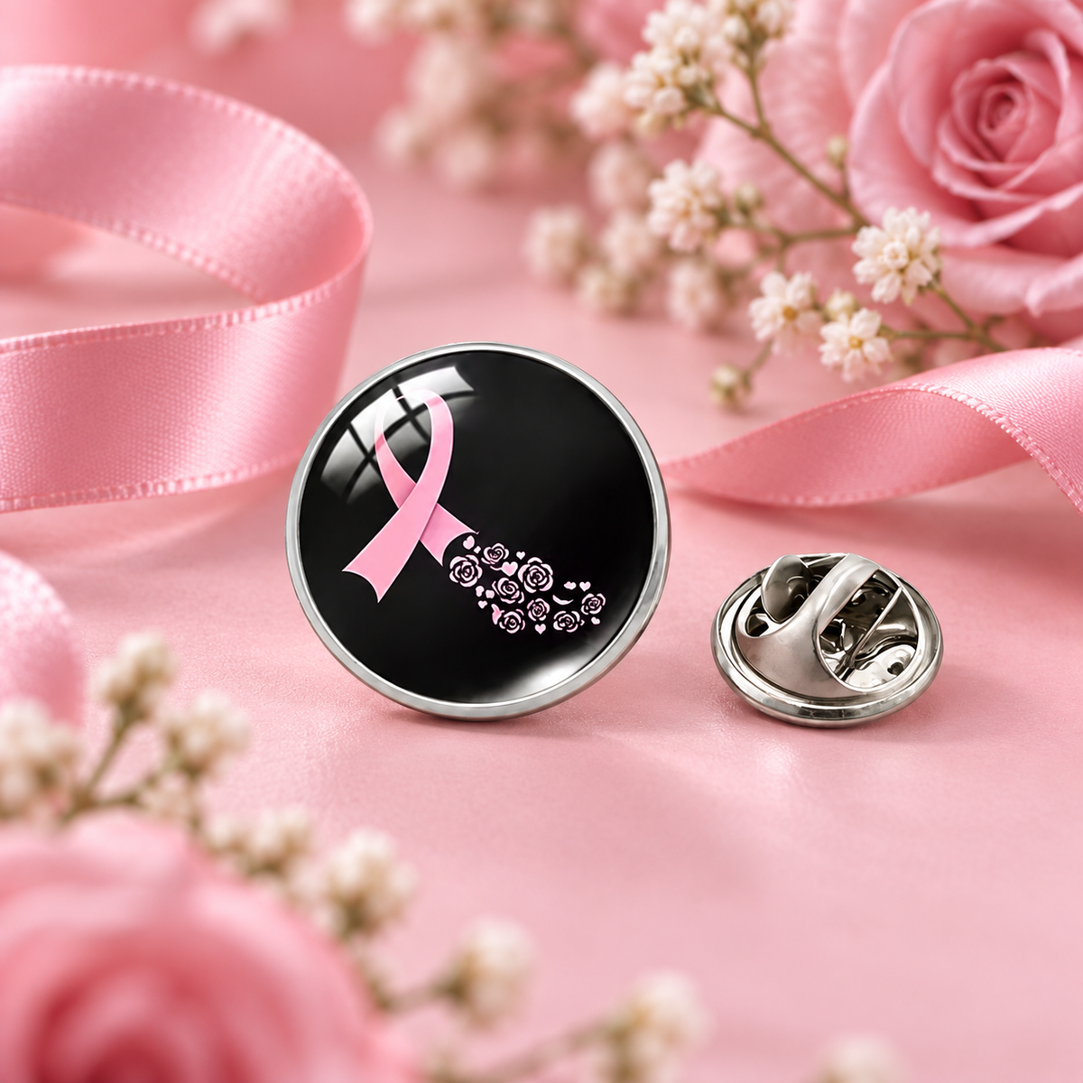 Pins Rond noir Octobre Rose – présentation produit