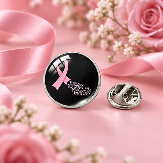 Pins Rond noir Octobre Rose – présentation produit