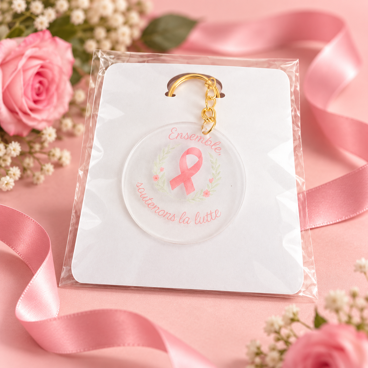 Porte-clés Acrylique Octobre Rose – présentation produit