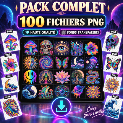 Pack complet de 100 Psychedelic Designs en fichiers PNG haute qualité