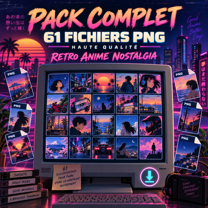 Pack complet de 61 fichiers PNG Retro Anime Nostalgia haute qualité