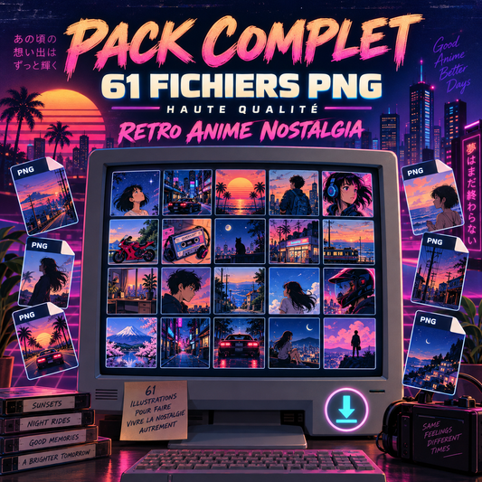 Pack complet de 61 fichiers PNG Retro Anime Nostalgia haute qualité