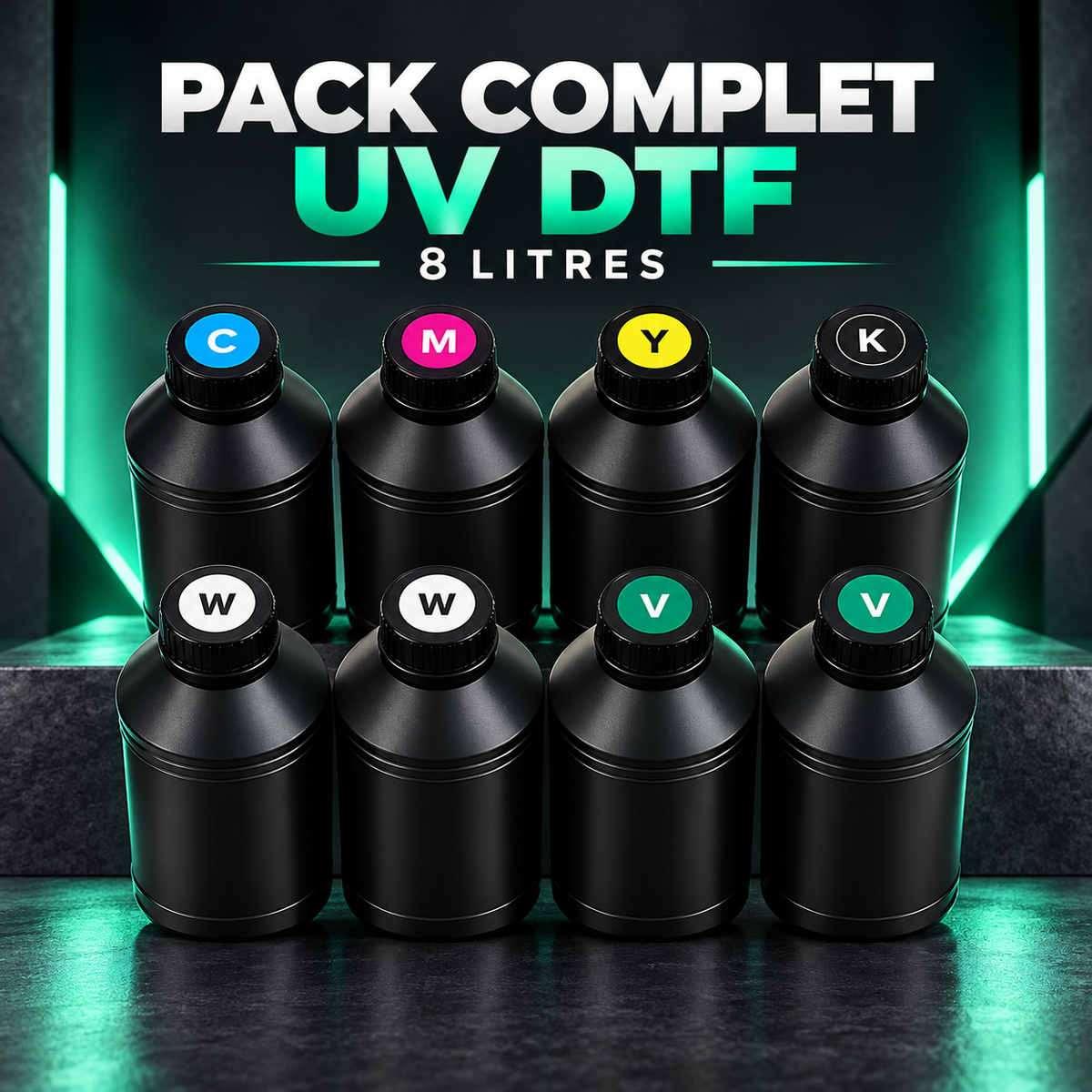 Pack complet de 8 litres d’encres UV DTF CMJN blanc et vernis