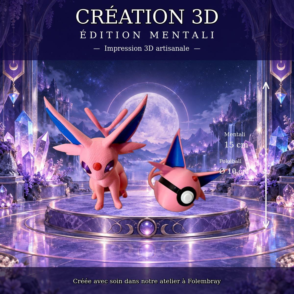 Pack Mentali et Pokéball assortie posés sur le socle – Mentali 15 cm, Pokéball diamètre 10 cm