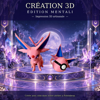 Pack Mentali et Pokéball assortie posés sur le socle – Mentali 15 cm, Pokéball diamètre 10 cm