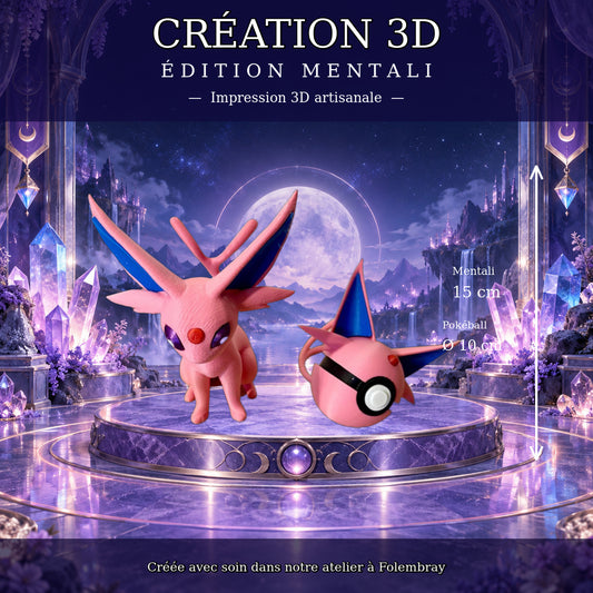 Pack Mentali et Pokéball assortie posés sur le socle – Mentali 15 cm, Pokéball diamètre 10 cm
