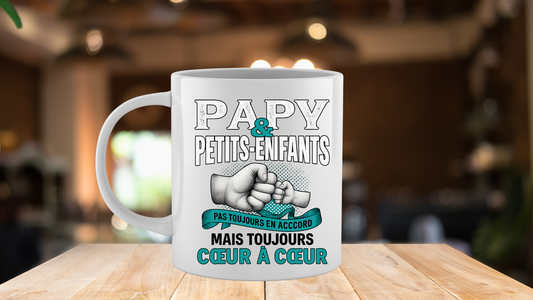 Mug « Papy & Petits-Enfants – Pas toujours en accord mais toujours cœur à cœur » (version turquoise)