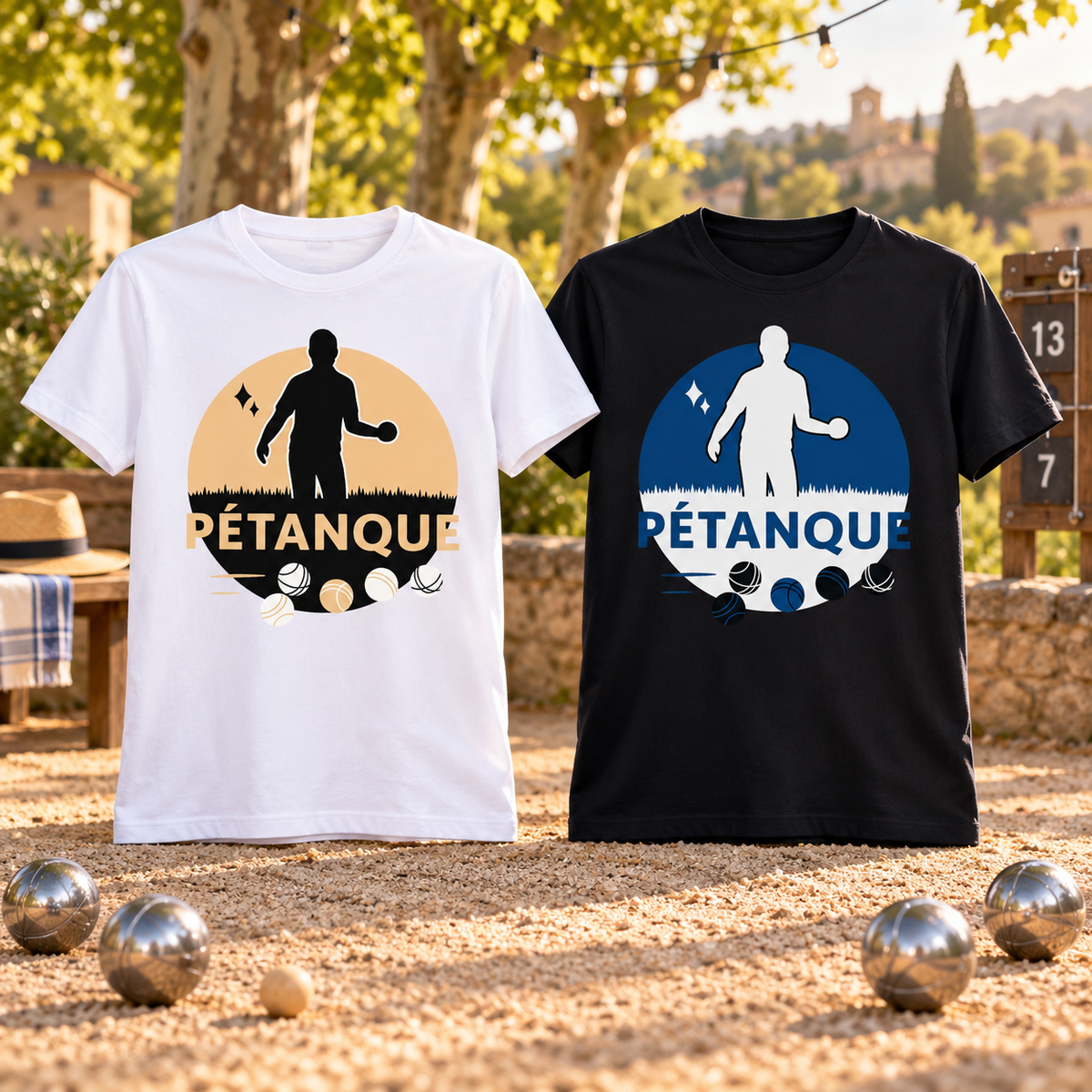 Présentation premium des T-shirts Pétanque au crépuscule