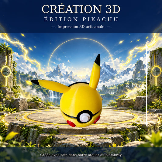 Pokéball Pikachu imprimée en 3D posée au centre du cercle – environ 10 cm