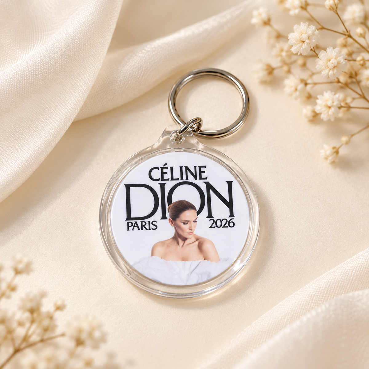 Porte-clés photo rond Céline Dion tenue blanche recto verso