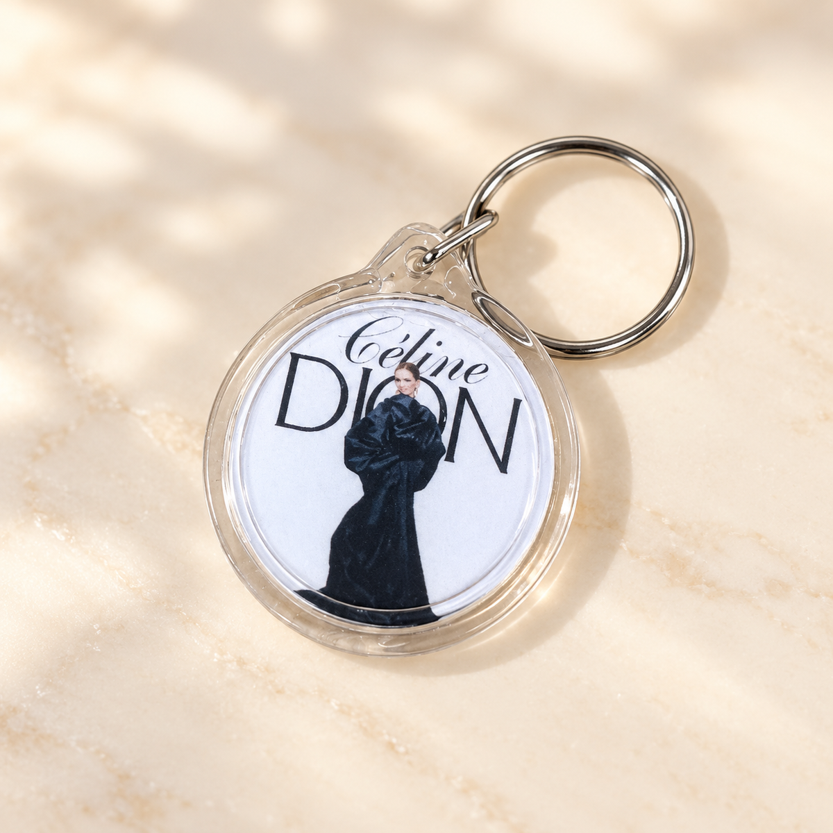 Porte-clés photo rond Céline Dion robe noire recto verso