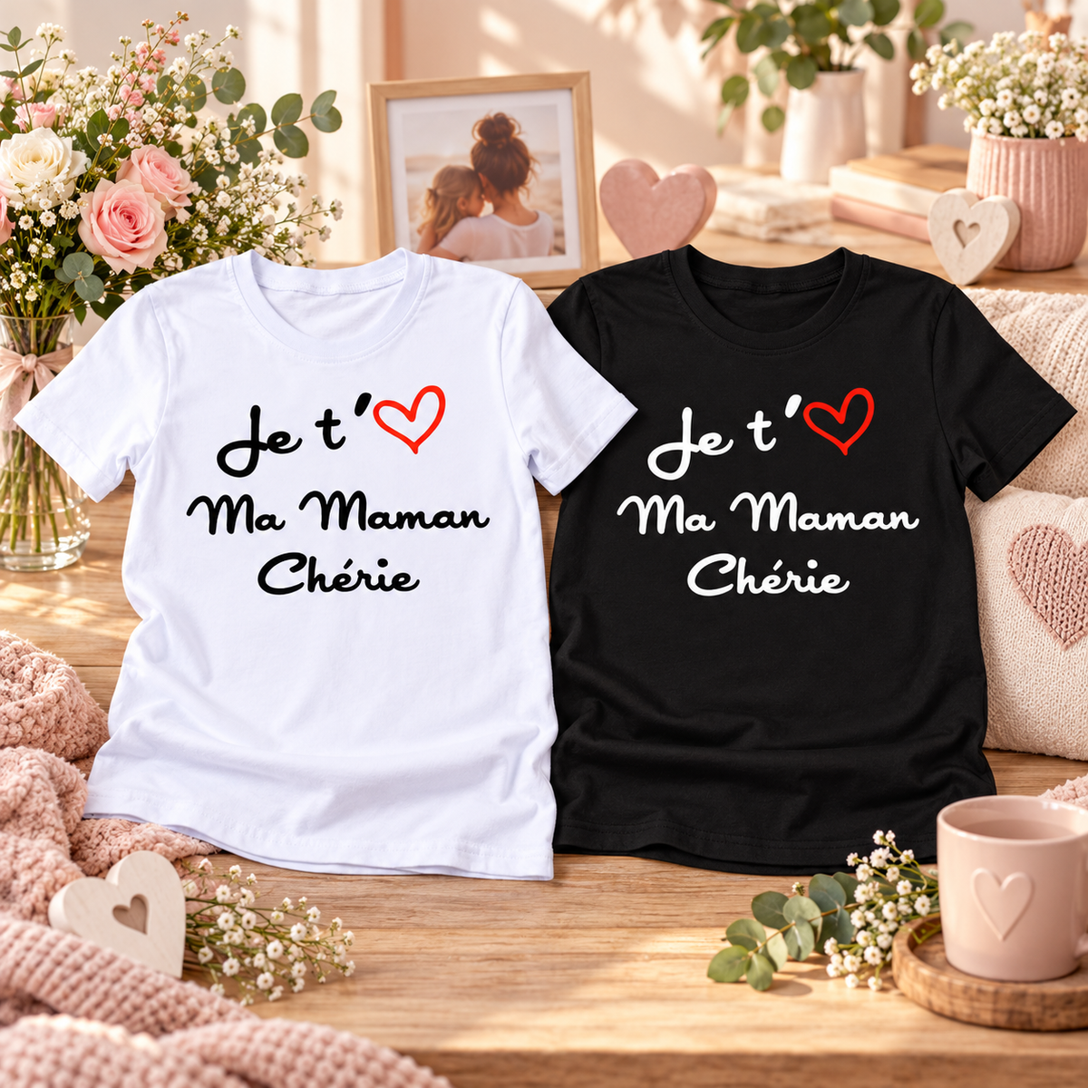 T-shirts Je t’aime ma maman chérie blanc et noir
