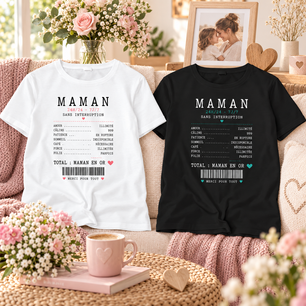 T-shirts Maman 24h/24 blanc et noir