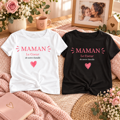 T-shirts Maman cœur de notre famille blanc et noir