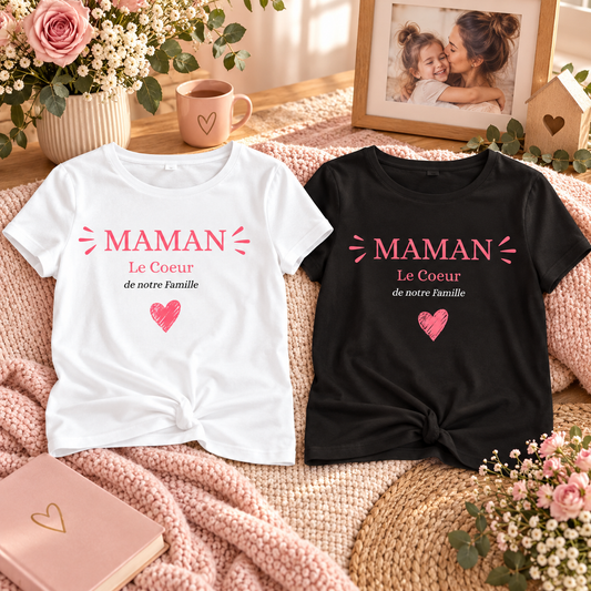 T-shirts Maman cœur de notre famille blanc et noir