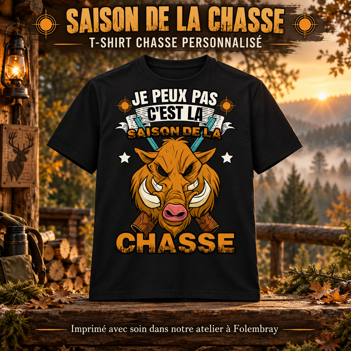 Image de présentation premium — T-shirt Chasse Personnalisé – « Je peux pas c’est la saison de la chasse »