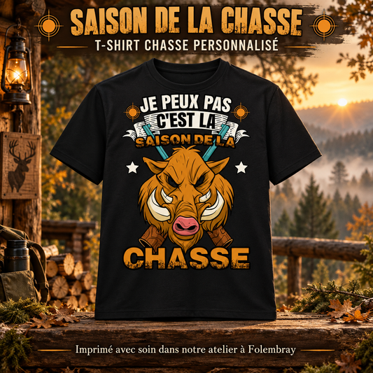 Image de présentation premium — T-shirt Chasse Personnalisé – « Je peux pas c’est la saison de la chasse »