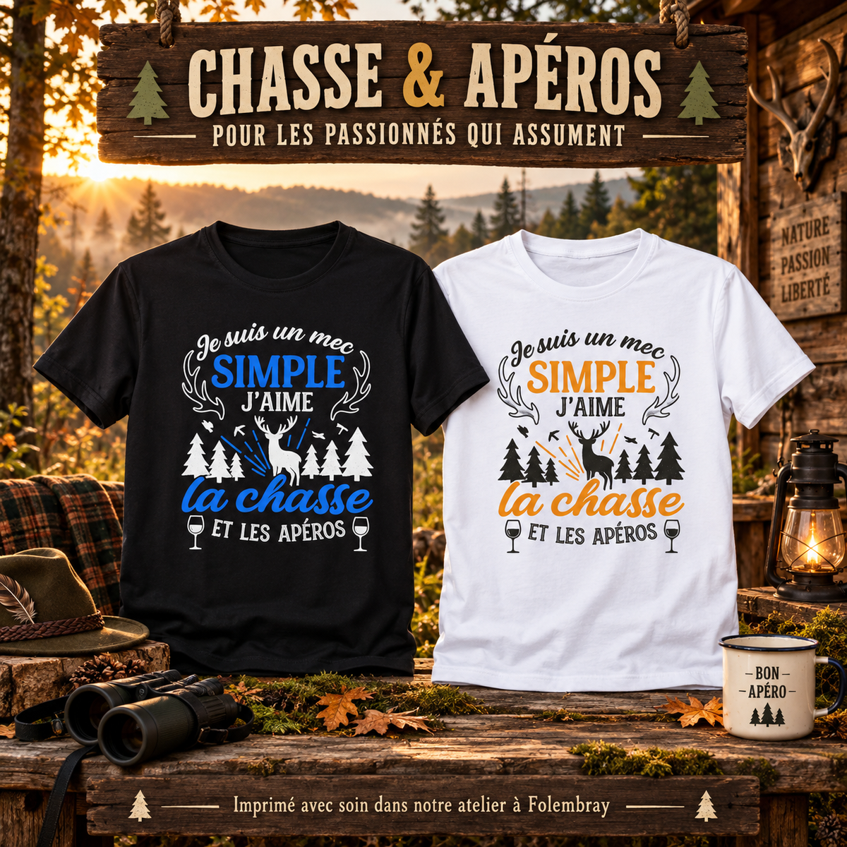 Image de présentation premium — 👕 Tee-shirt « Je suis un mec simple : j’aime la chasse et les apéros »