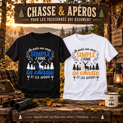 Image de présentation premium — 👕 Tee-shirt « Je suis un mec simple : j’aime la chasse et les apéros »