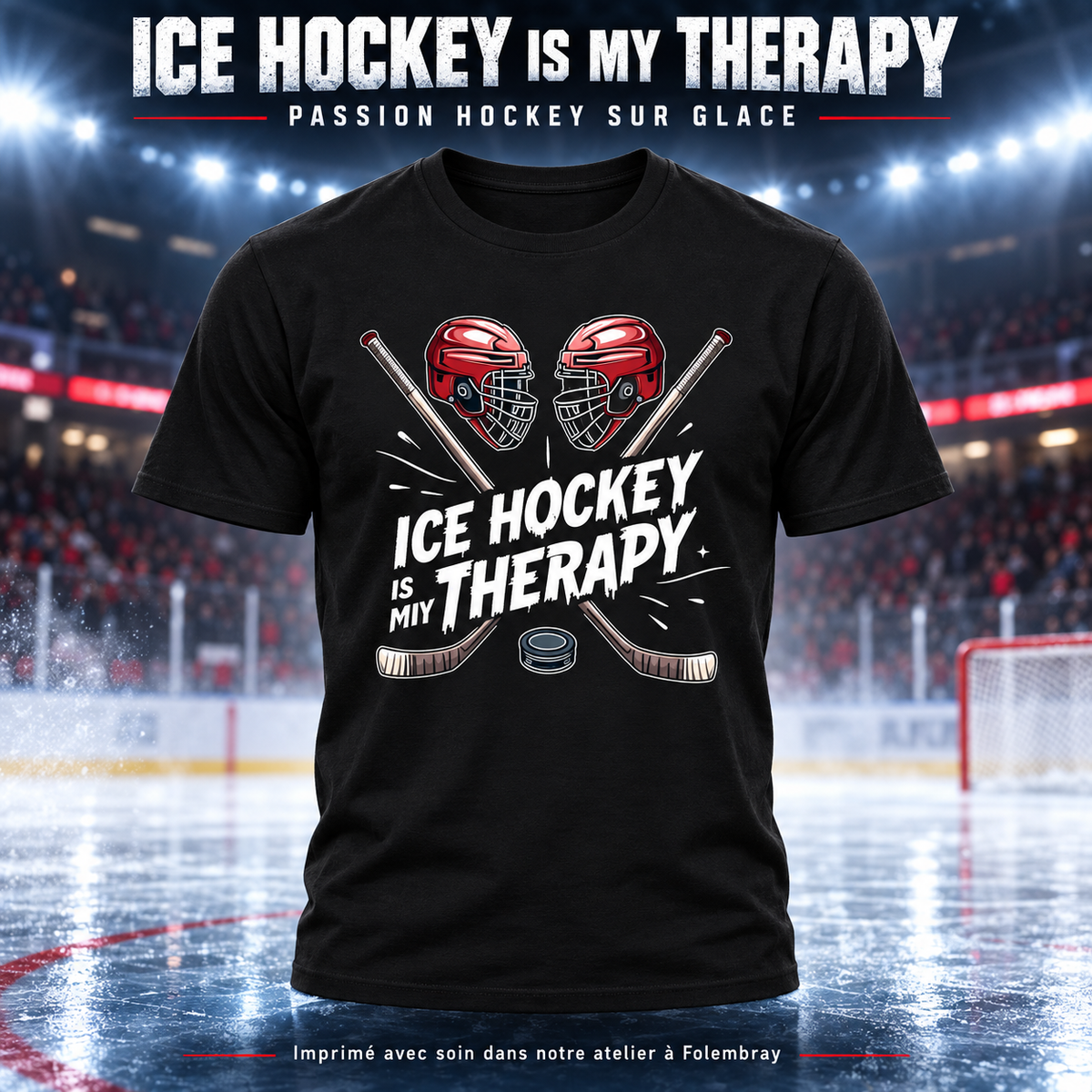 Image de présentation premium — T-shirt Homme « Ice Hockey Is My Therapy » – Passion Hockey sur Glace