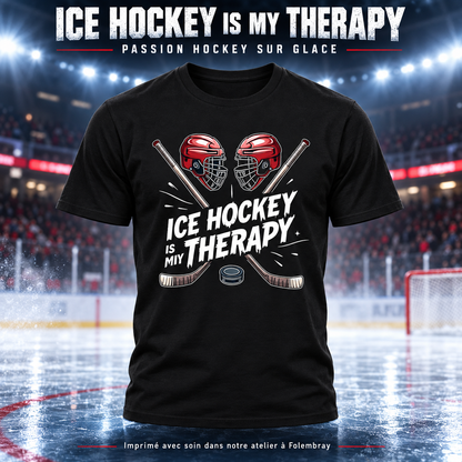 Image de présentation premium — T-shirt Homme « Ice Hockey Is My Therapy » – Passion Hockey sur Glace