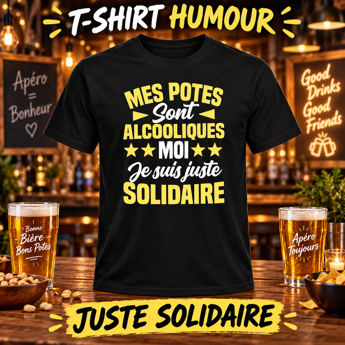 T-shirt humour – Mes potes sont alcooliques, moi je suis juste solidaire