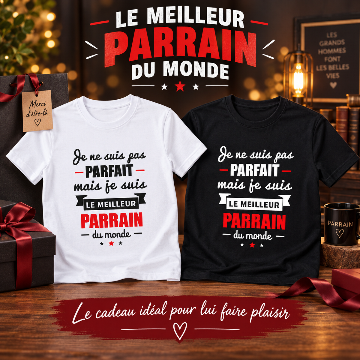 Image de présentation premium — 👕 T-shirt Homme – "Je ne suis pas parfait mais je suis le meilleur parrain du monde"
