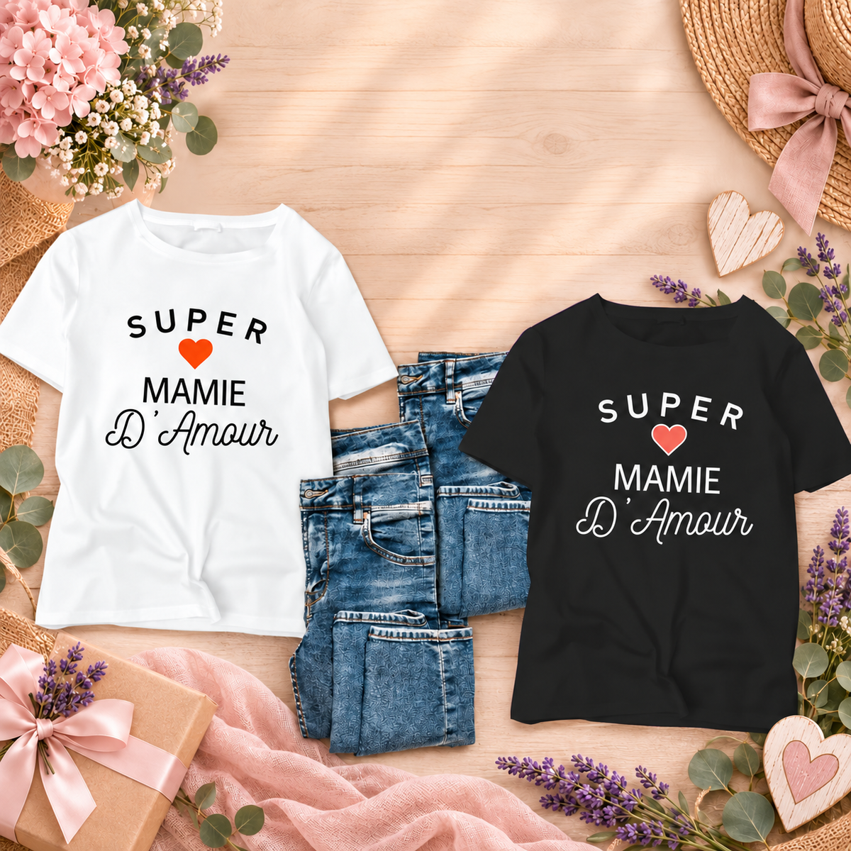 T-shirts Super Mamie d’Amour blanc et noir