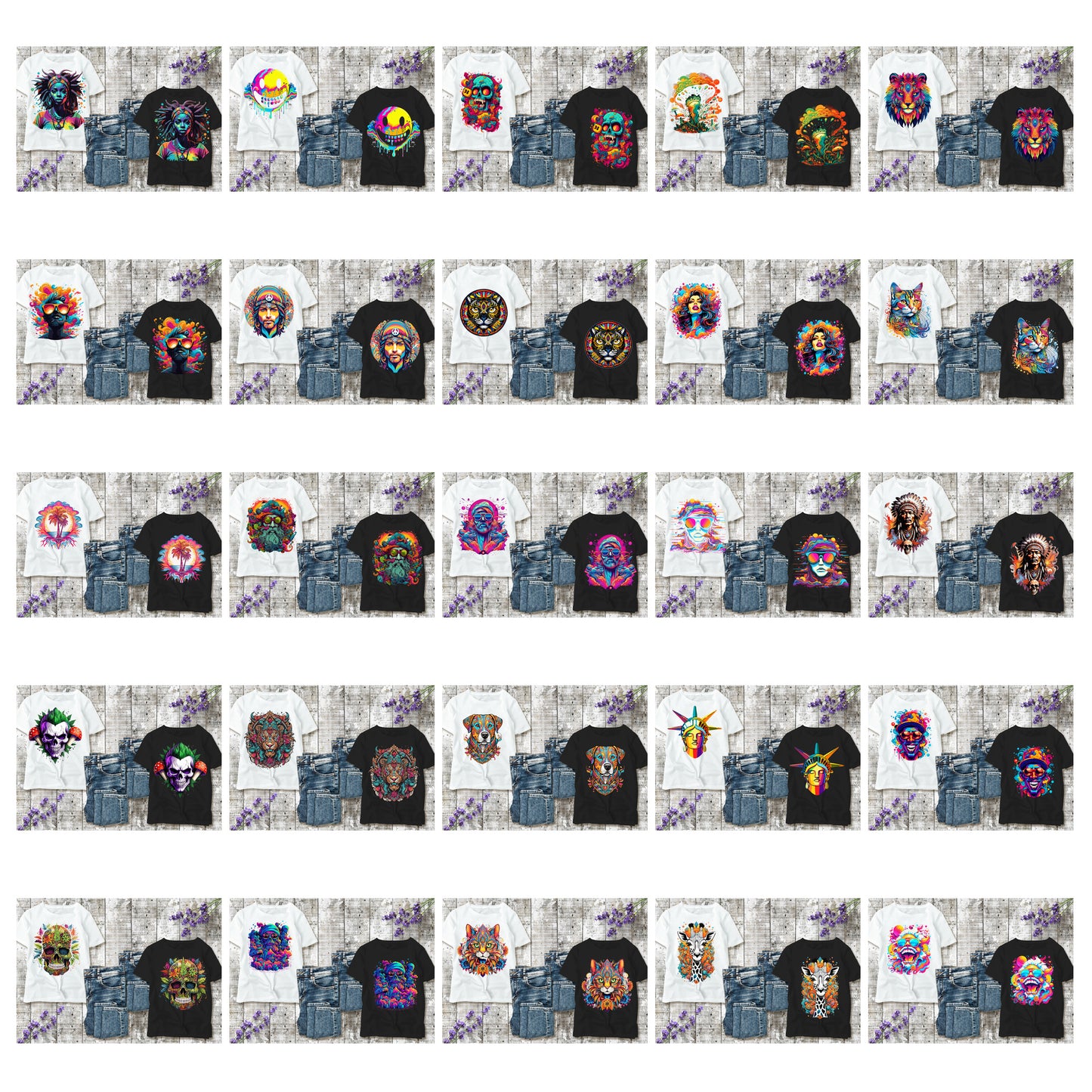 T-shirt Psychedelic Design personnalisé – 100 motifs au choix – Noir ou Blanc