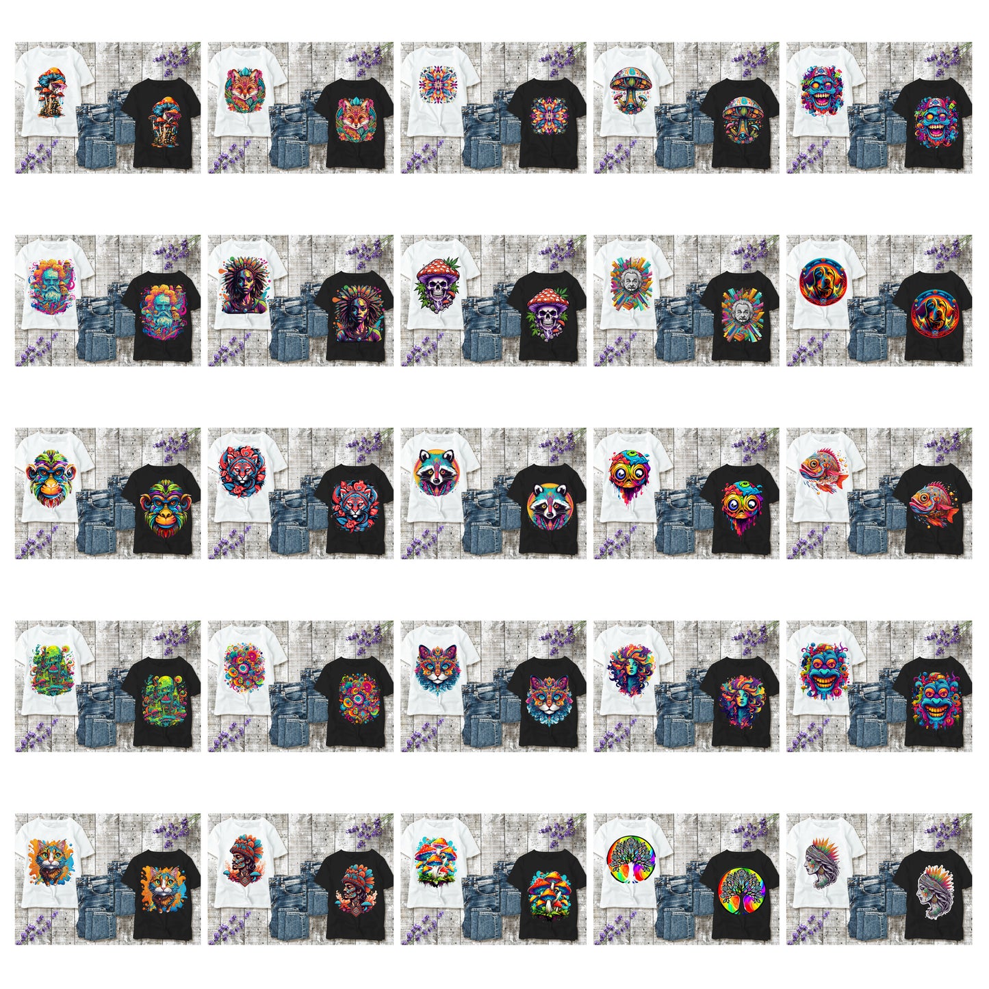 T-shirt Psychedelic Design personnalisé – 100 motifs au choix – Noir ou Blanc