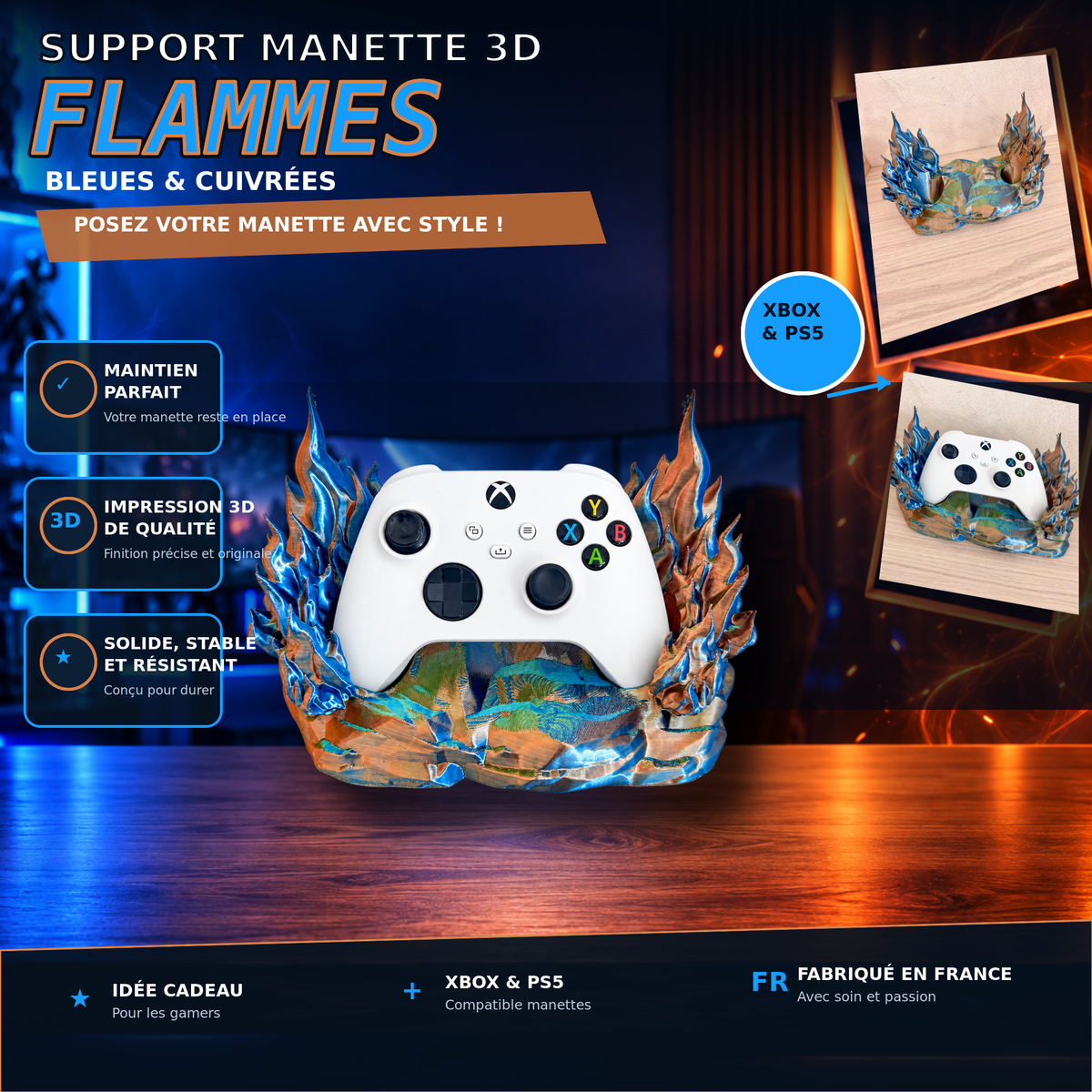 Support manette 3D – flammes bleues et cuivrées – compatible Xbox et PS5