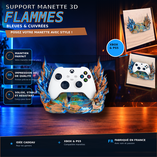 Support manette 3D – flammes bleues et cuivrées – compatible Xbox et PS5