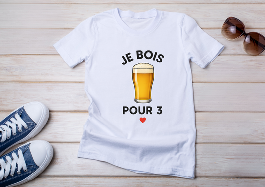 T-shirt humour – "Je bois pour 3" 🍺 / "Je mange pour 2" 🍔