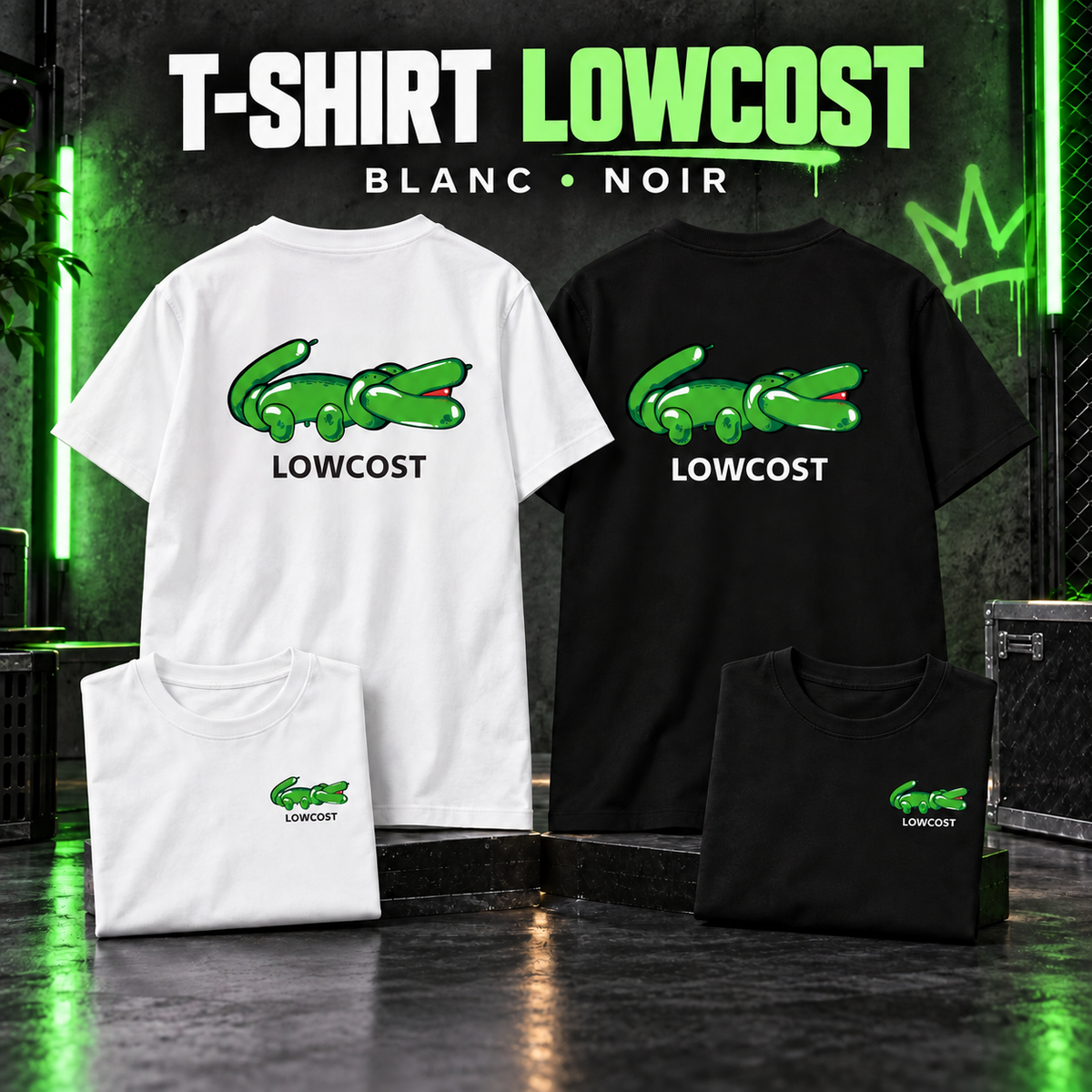 T-shirt LOWCOST blanc et noir – présentation recto et verso